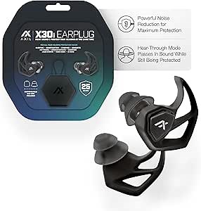 AXIL X30i Noise Reduction Ear Plugs - Black - Hear-Through Mode Hearing Protection for Concerts, Live Events, Shooting, Sports - 25dB Reusable Foam and Silicone Eartips with Carrying Case