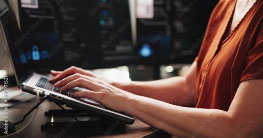 Hands, person and laptop for programming in office with research, software manual and coding. Developer, typing and troubleshooting server with pc, website maintenance and script for debugging system