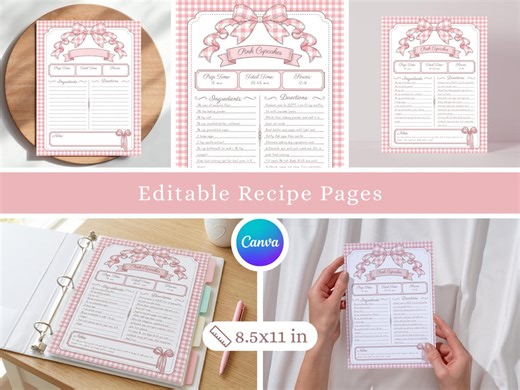 Printable Recipe Page Template Pink Bow Gingham Editable Recipe Pages for Binder Blank Recipe Page PDF Download Recipe Binder Printable - Etsy