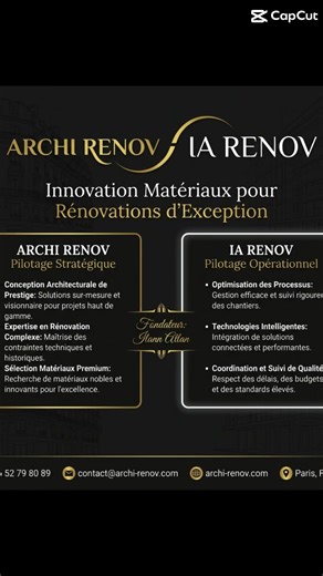 ✨ LA RÉNOVATION HAUT DE GAMME SANS ARNAQUE ✨ Découvrez comment ARCHI RENOV transforme vos espaces avec excellence et transparence totale ! 💎 🎯 NOTRE DOUBLE STRUCTURE UNIQUE : 👉 ARCHI RENOV = Pilotage et accompagnement personnalisé 👉 IA RENOV = Analyse technique et coordination entreprises partenaires 💰 TRANSPARENCE RADICALE : ✅ Zéro marge cachée sur les matériaux ✅ Achat direct fournisseurs premium : économie de 15 à 20% ✅ Budget transparent du début à la fin 🏗️ TOUS CORPS D'ÉTAT : • Gros 