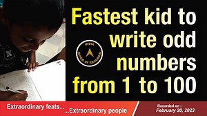 Fastest kid to write odd numbers from 1 to 100 The record for being the #fastest to write odd numbers from 1 to 100 was set by Rithvik Ram Prasath of #Trichy, #TamilNadu (currently residing in Qatar). He wrote all #oddnumbers from 1 to 100 in 4 minutes and 13 seconds at the age of 4 years, 1 month and 21 days. | India Book of Records | Facebook