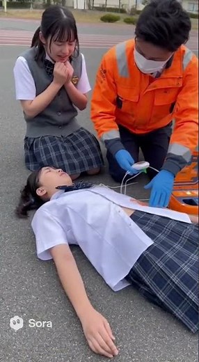 女子高校生がAEDでショックされる! その後の心臓マッサージ必須！ CPR woman girl