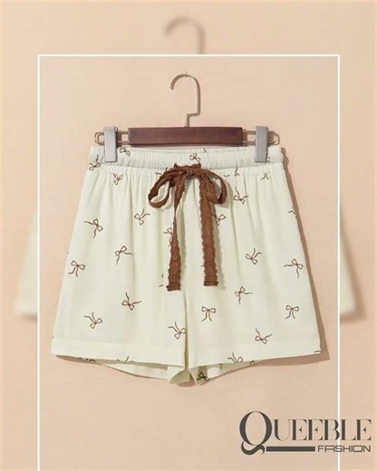 Bow Print Lace Drawstring Casual Shorts