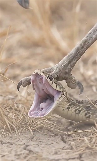 Bird vs snake as a secretary bird strikes a rattlesnake