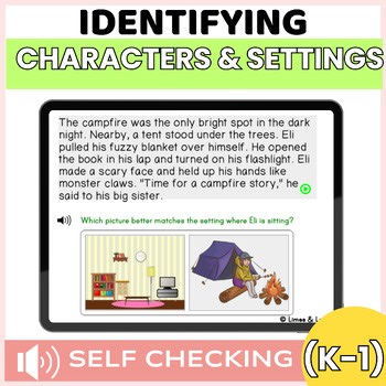 Identify Character and Setting Digital Boom Cards Kindergarten 1st Grade Reading