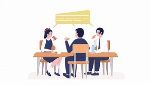 Animated lunchtime conversation. Chatting with friends. Full body flat people on white background with alpha channel transparency. Colorful cartoon style HD video footage of characters for animation