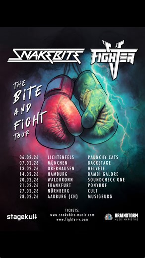 München, haltet euch fest und seid gespannt auf die geballte Ladung Rock made in Switzerland! 🇨🇭🎸 Präsentiert von der internationalen Frontiers Records unterzeichneten Sensation Fighter V. Doch das ist nicht alles! Mit dabei sind die Hardrocker Snakebite! Seid ihr dabei? Dann markiert in den Kommentaren, mit wem ihr gerne zur Tour kommen wollt! 👇 ———————————————————— Sicher dir Tickets für die “Bite & Fight” Tour 2026 (Über den Link Tree in der Bio oder auf der Homepage „Fighter-V.com/tour“)