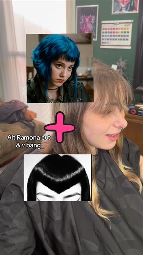Andrea Romano on Instagram: "Did our own twist on these styles together:3 #vbangs #ramonaflowers #althair #althairstylist #punkhair"