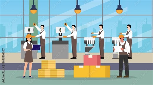 Male and Female Workers Managing Production and Quality Control in Modern Factory cartoon animation