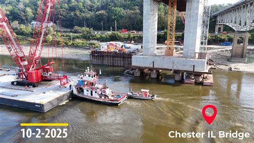 Chester IL bridge, 10-2-2025. Always trying to show something different. Today I went out on the river and followed Phillip Francis around in the Ruby Belle. Such a cool video of Phil and Kevin moving the mlc300 Max crane barge out to pier 5. This takes skill to do this folks, there are so many obstacles and so many things that could go wrong here. You will get to hear Kevin Ritchey guide Phil in which is pretty cool. Stay tuned in for a spectacular shot south from 400' at the end. Enjoy! #chest