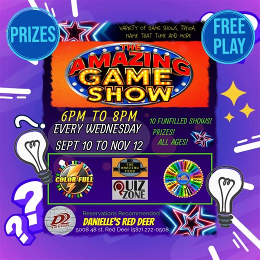 Tonight Wednesday Oct 22nd Danielle's D2 bar & Stage in Red Deer 6pm to 8pm All Ages! Free to Play! Prizes! a mix of game shows, trivia and name that tune 5008 48 St, (587) 272-0508 | The Amazing Game Show | Facebook