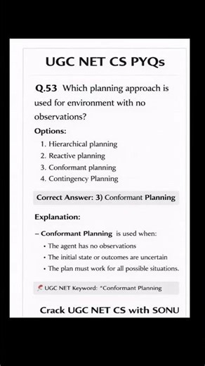 UGC NET CS PYQ 🔥 | No Observation → Conformant Planning | AI Question Explained