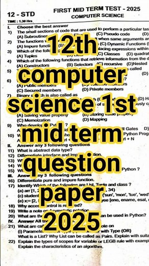12th computer science 2025 1st mid term question paper #12th