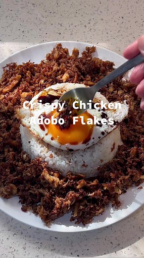 Crispy Chicken Adobo Flakes Recipe with Garlic Fried Rice and Egg