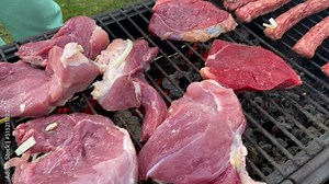 Raw red meat steaks are grilled on a charcoal grill. Picnic in the country. Cooking barbecue and steaks. Summer holidays and vacations.