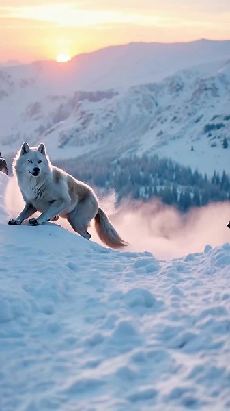 Giant Wolves Running on a Snowy Mountain