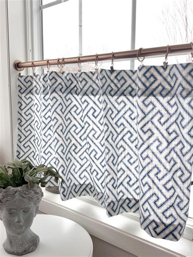 Royal Blue, Navy Light Blue Greek Key Block Print Cafe Curtains , Tier Curtains, Kitchen Curtains, Bathroom Curtains , Kitchen Curtain - Etsy