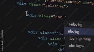 4K Close up shot HTML tag code input on PC Monitor. Background concept for programming and coding web development.