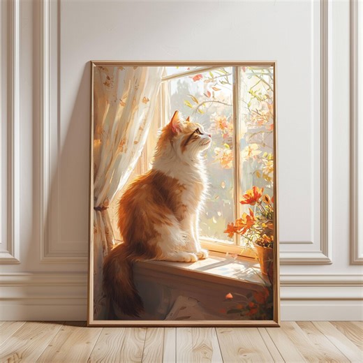 Cat Window Wall Art for Living Room, Cozy Cottage Cat Decor, Sunlit Floral Window Painting, Cat Lover Gift - Etsy