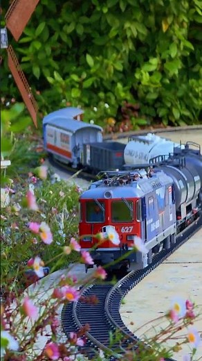 Garden freight train winding along the path