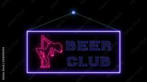 Hangtag Beer club neon sign fluorescent light glowing on signboard. Hanging notice tag Beer club by neon lights. The best stock of animation door notice neon flickering, flash in dark night