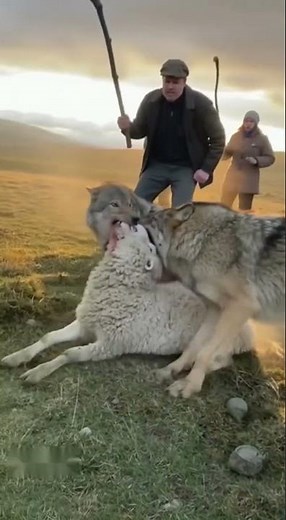 Two wolves attacked a sheep — but the shepherds bravely fought them off.