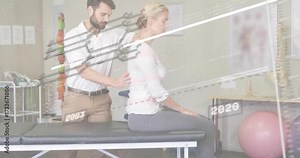 therapist guiding client into spine adjustment as data overlays sliding years for posture eval