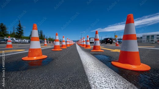 132Wide-angle composition, row of traffic cones stretching across parking lot, small car in background, clear blue sky reflected on asphalt, high-resolution, vibrant commercial stock