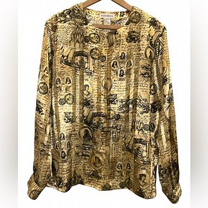 Martinique Vintage Script Print Button Down Semi-Sheer Blouse 12 Gold