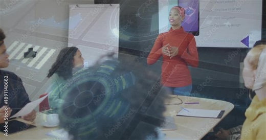 Business meeting starting presenter woman projecting holographic graph around table using gestures