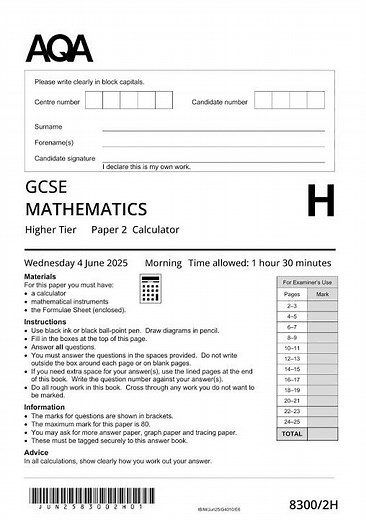 AQA GCSE MathemATIcs Paper 2 2025