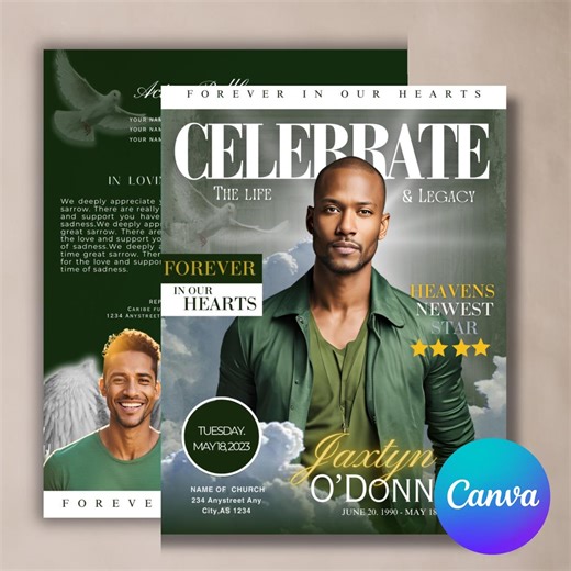 Green Magazine Funeral Program Template – Celebration of Life, Editable Canva (digital Download) - Etsy