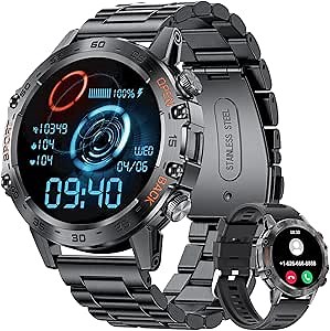 Military Smart Watches for Men, Smart Watch with Bluetooth Voice Call Compatible Android iOS Phone, Smartwatch with Heart Rate SpO2 Blood Pressure Sleep Monitor, IP67 Waterproof Tactical Watch, 400mAh