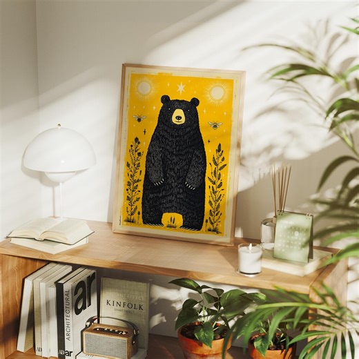 Black Bear Canvas Wall Art, Folk Nature Animal Print, Rustic Woodland Illustration, Yellow Vintage Style Home Decor - Etsy