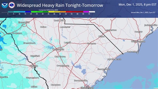 After a long absence, moderate-heavy rain will roll into the area tonight, lasting through Tuesday afternoon. The heaviest rain will push through during the morning commute on Tuesday, so expect delays in the morning. Generally 1-2" expected, with areas south of I-20 pushing 3". | US National Weather Service Columbia South Carolina