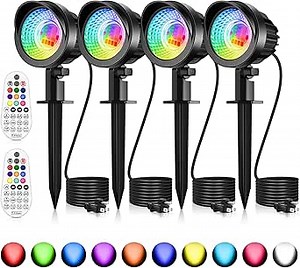 MEIKEE 15W RGB Color Changing Landscape Lighting 120V LED Landscape Lights with 4.9ft Cable IP66 Waterproof Outdoor Spot Lights for Garden Path Decoration (4 Pack)