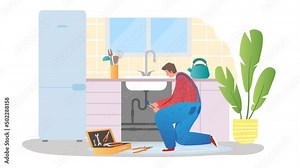 Home master and repairman video concept. Young moving male plumber repairs broken pipe under sink and cleans blockage. Specialist conducts water and sewerage. Flat modern graphic animated cartoon