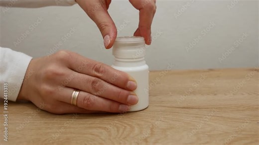Woman opening white medicine bottle by twisting the lid, accessing contents of health or pharmaceutical product container.