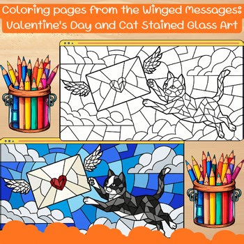 Coloring pages from the Winged Messages: Valentine's Day and Cat Stained Glass