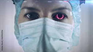 Evil doctor with one red beaming eye, hypnosis, cyborg, dark magician. Evil person in face mask