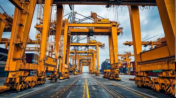 Container terminal with cranes for loading and unloading cargo from ships or trains