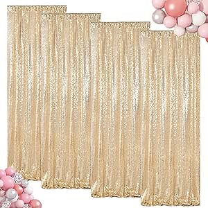 ShinyBeauty Sequin Backdrops 4 Panels Light Gold Sequin Curtains Photo Backdrop Shimmer Background for Baby Shower Champagne Golden Curtain Wedding Birthday Party Decor(2Ftx8Ft)
