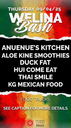 🎶 Get ready to vibe with us! 🎶 Join your UH Hilo ʻohana for WELINA BASH this Thursday, Sept 4th from 3-6:30pm! 🎤 Live performances by Kanaka Fiyah & The Vitals 808 🌮 FREE grindz from 6 amazing food trucks (show your UH ID for a meal token!) 🍻 No-host bar available (21 w/ valid ID, 2-drink max) Library Lānai & Campus Center • UH ID Required Come for the music, stay for the ʻono food, and kick off the semester right! #UHHilo #YourJourneyIsOurFocus #ConnectingLearningLifeAndAloha | University 