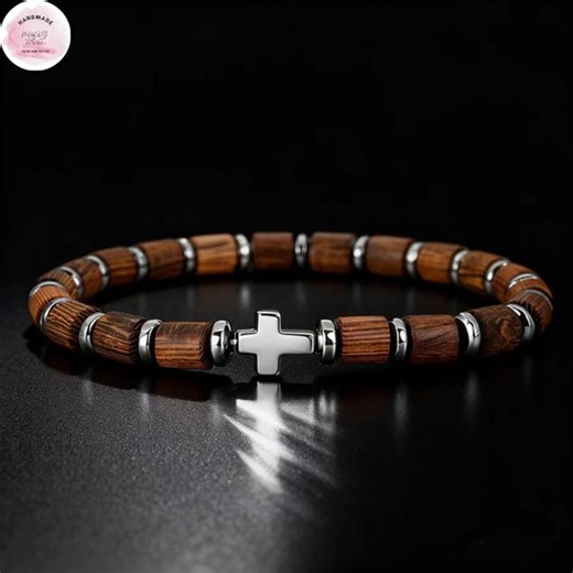 Natural Wooden Bead Bracelet for Men | Hematite Stone Cross Strand | Handmade Meditation Jewelry - Etsy