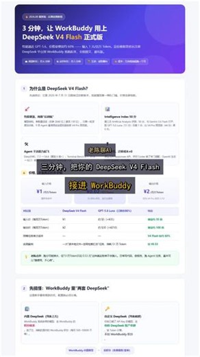 老陈新手教程：workbuddy 接入 DeepSeek DeepSeek 刚发布的 V4 Flash 正式版，顶级性能同时价格极其亲民便宜，手把手教你，如何在 workbuddy 中接入自己的 DeepSeek API，不再受制于积分限制。收藏起来吧家人们 #我在抖音聊科技 #当我开始vibecoding #技术干货分享 #workbuddy #DeepSeek