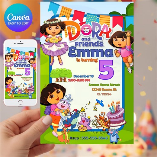 Dora and Friends Explorer Customizable Birthday Invitation,kids Birthday Invitation,birthday Template,cute Birthday Party,canva Template 5x7 - Etsy