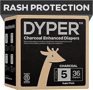 DYPER - Charcoal Enhanced Day & Overnight Disposable Baby Diapers - Made with Plant-Based* & Skin-Friendly Ingredients, Hypoallergenic for Sensitive Skin - Size 5, (36 Count)