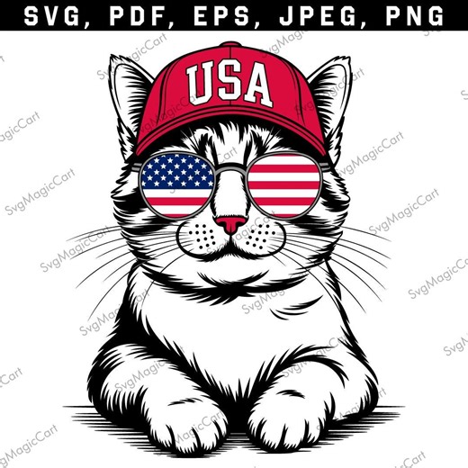 Patriotic Cat SVG, USA Baseball Cap American Sunglasses PNG, 4th of July Shirt Design - Etsy