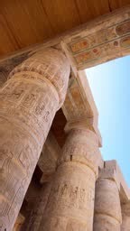 Ruins of the Egyptian temple of Karnak, alley of columns close-up....