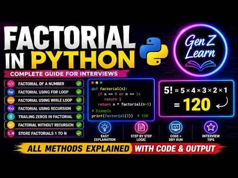Factorial in Python | Complete Interview Guide 🔥 Loops, Recursion, Trailing Zeros & More | Beginners
